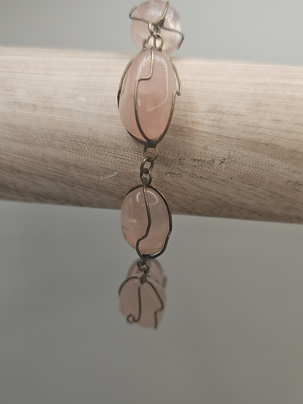 Vintage Rose Quartz Handcrafted Wire Wraped Link Bracelet .chunky Rocks..